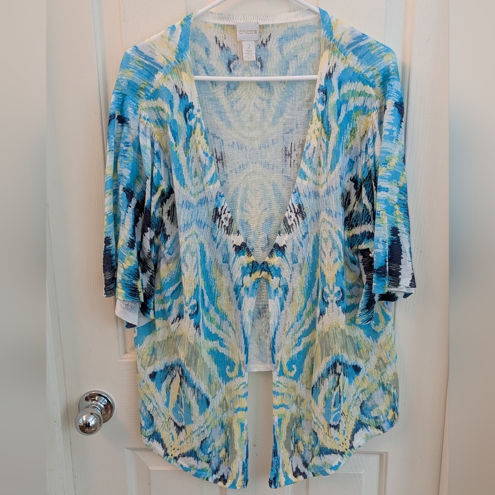 CHICOS Womens CARDIGAN Short Sleeve BLUE Yellow White IKAT